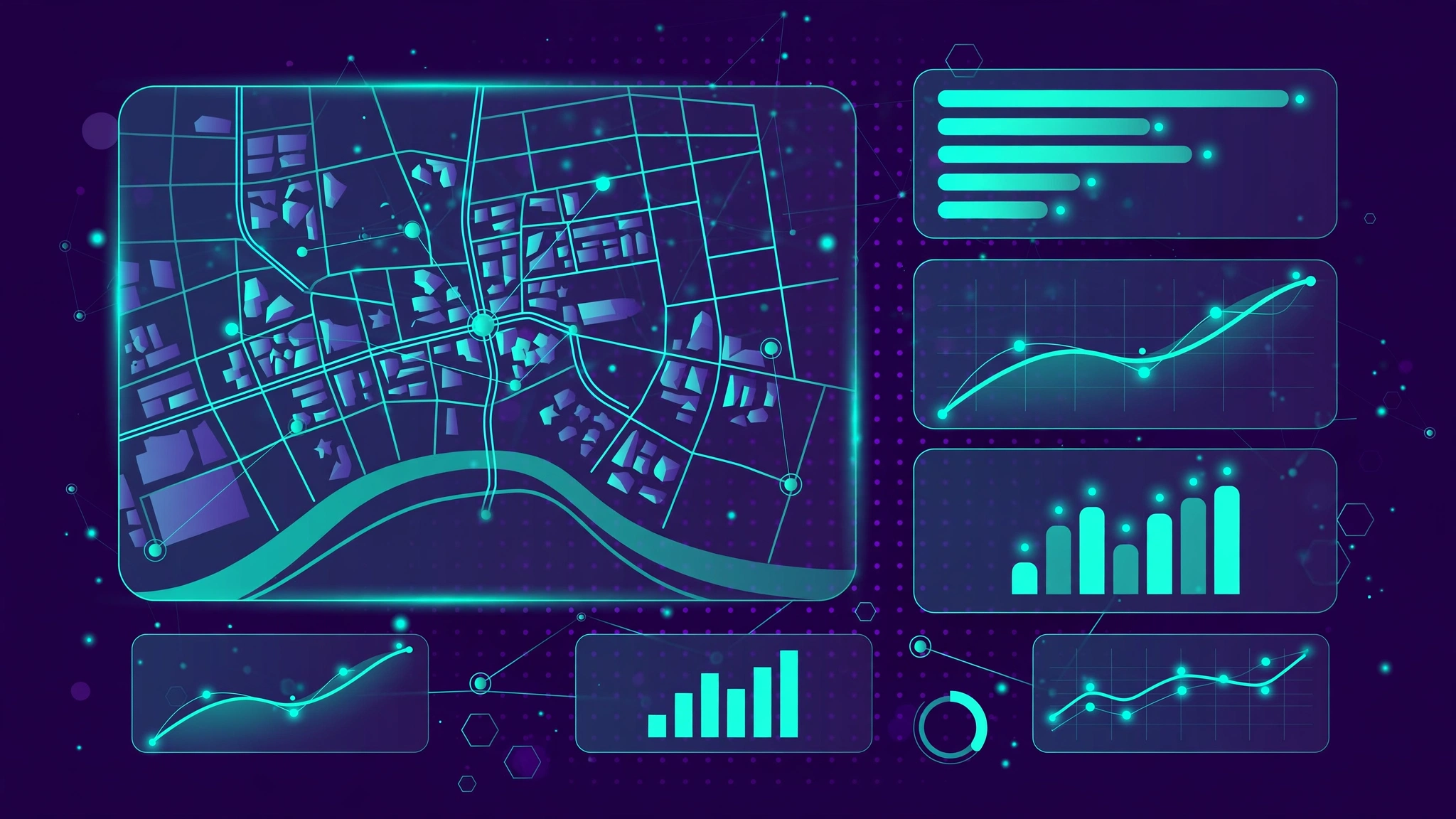 Analytics dashboard with a map and upward-trending per-location ranking charts for measuring franchise SEO.