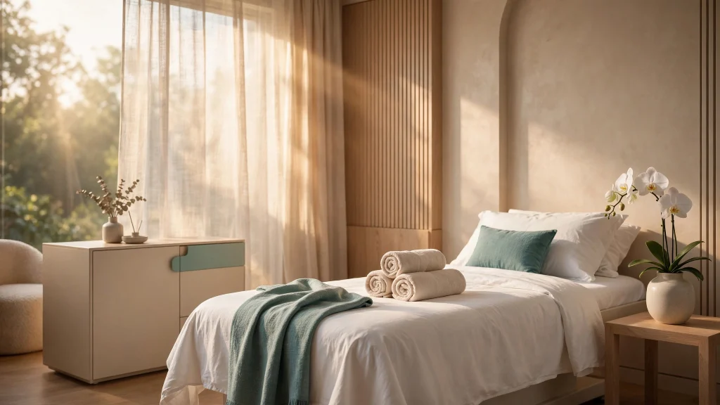 Luxurious modern med spa treatment room with an elegant treatment bed, orchid, and soft natural light.