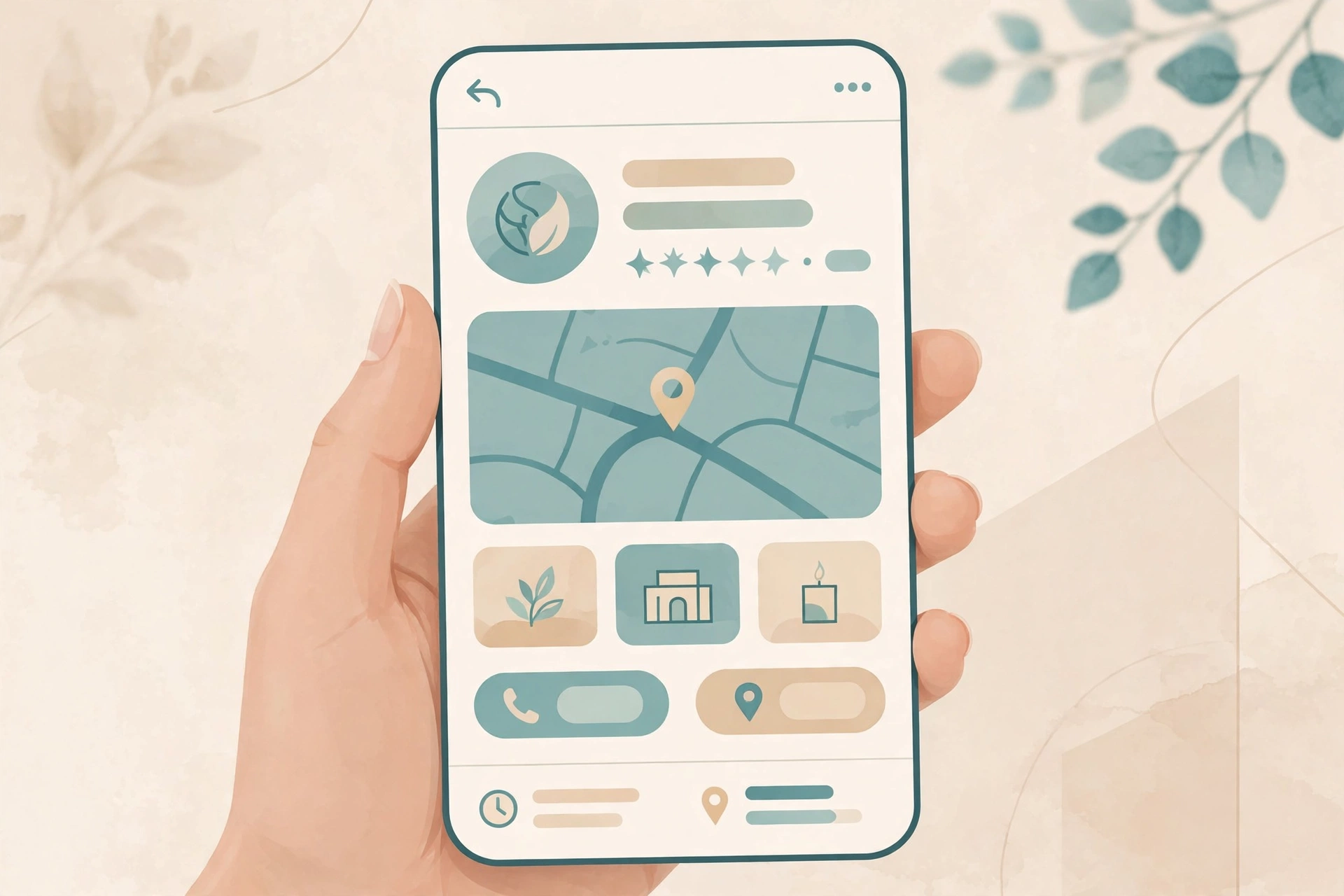 Hand holding a smartphone showing a med spa Google Business Profile listing with a map, photos, and call and directions buttons.