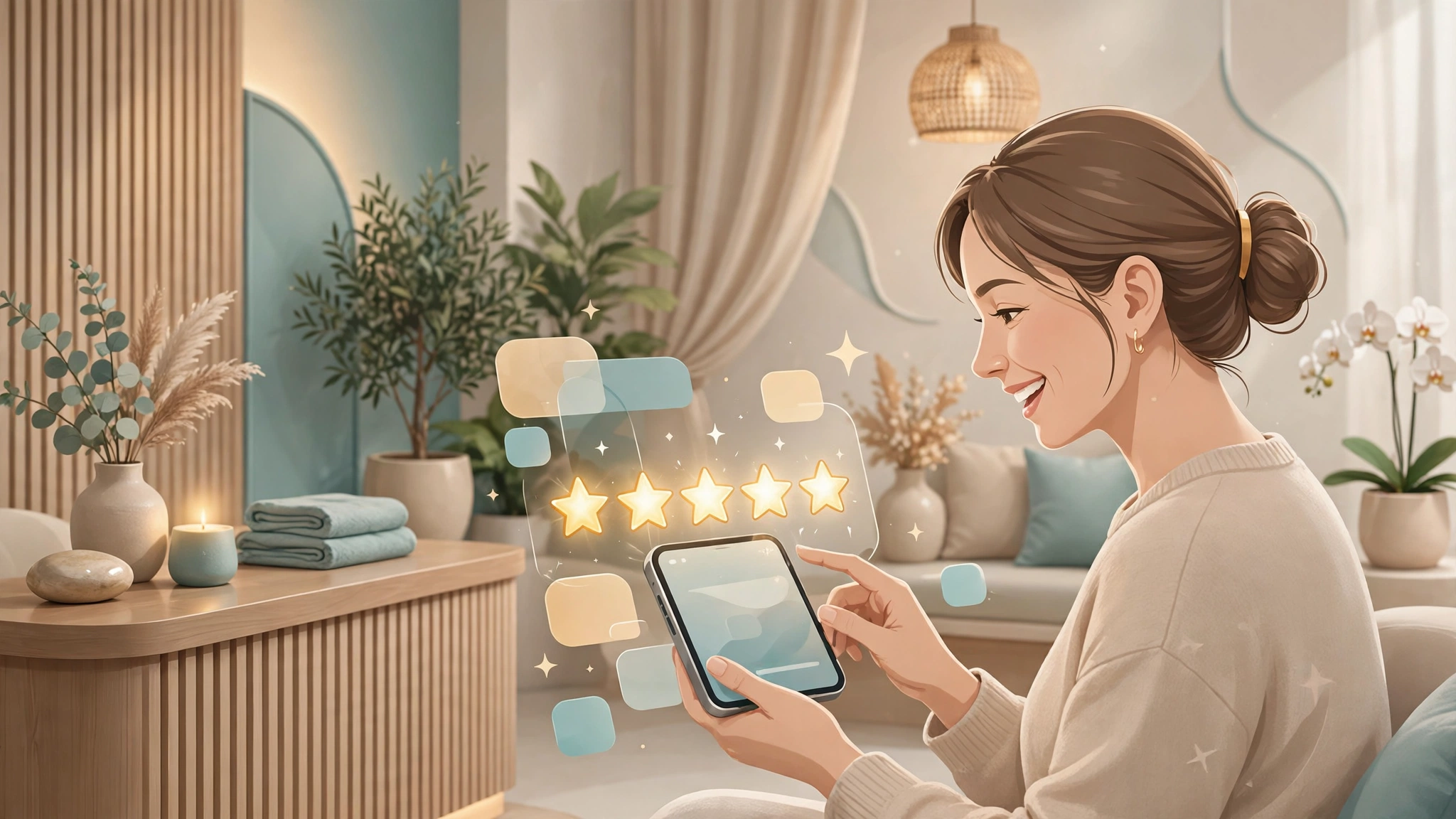 Happy med spa client tapping five glowing stars to leave a review on her phone in an elegant spa reception area.