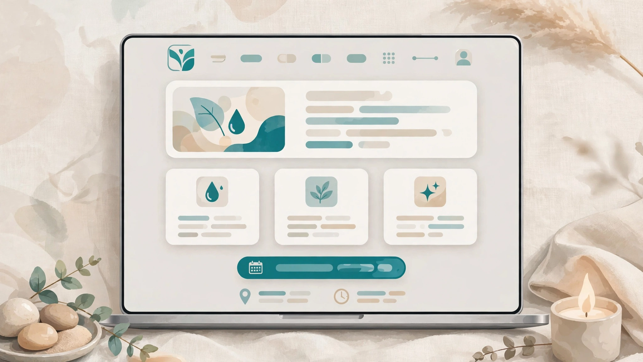Laptop displaying an elegant med spa treatment page mockup with service cards and a prominent booking button.
