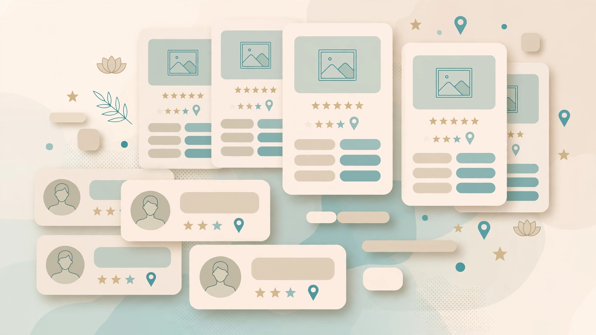 Aesthetic clinic listing cards spread across generic healthcare directory profiles with star ratings and map pins.