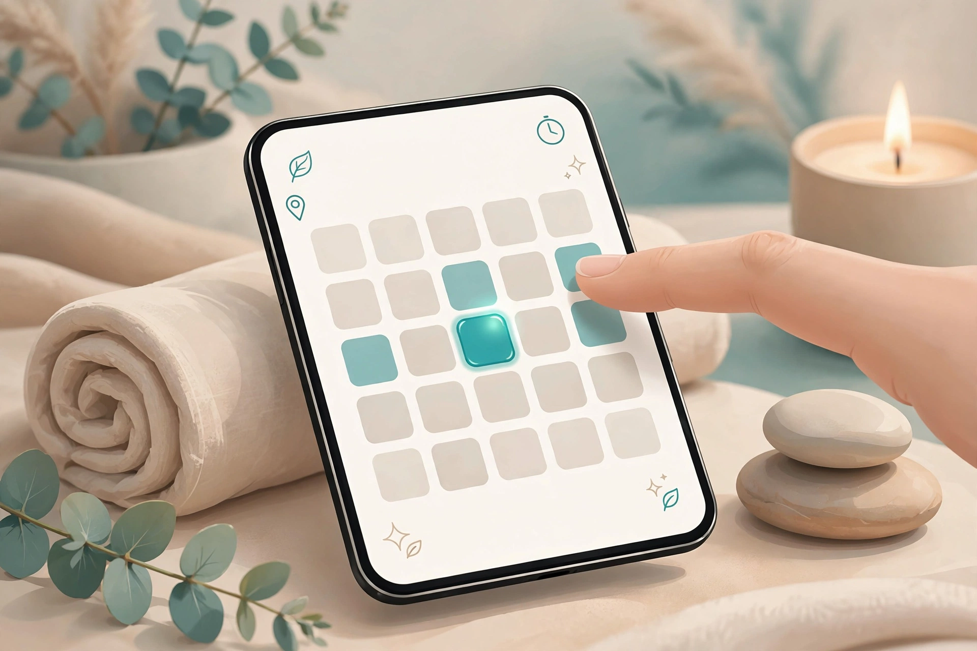 Finger selecting an appointment slot on a med spa online booking calendar on a smartphone in a spa setting.