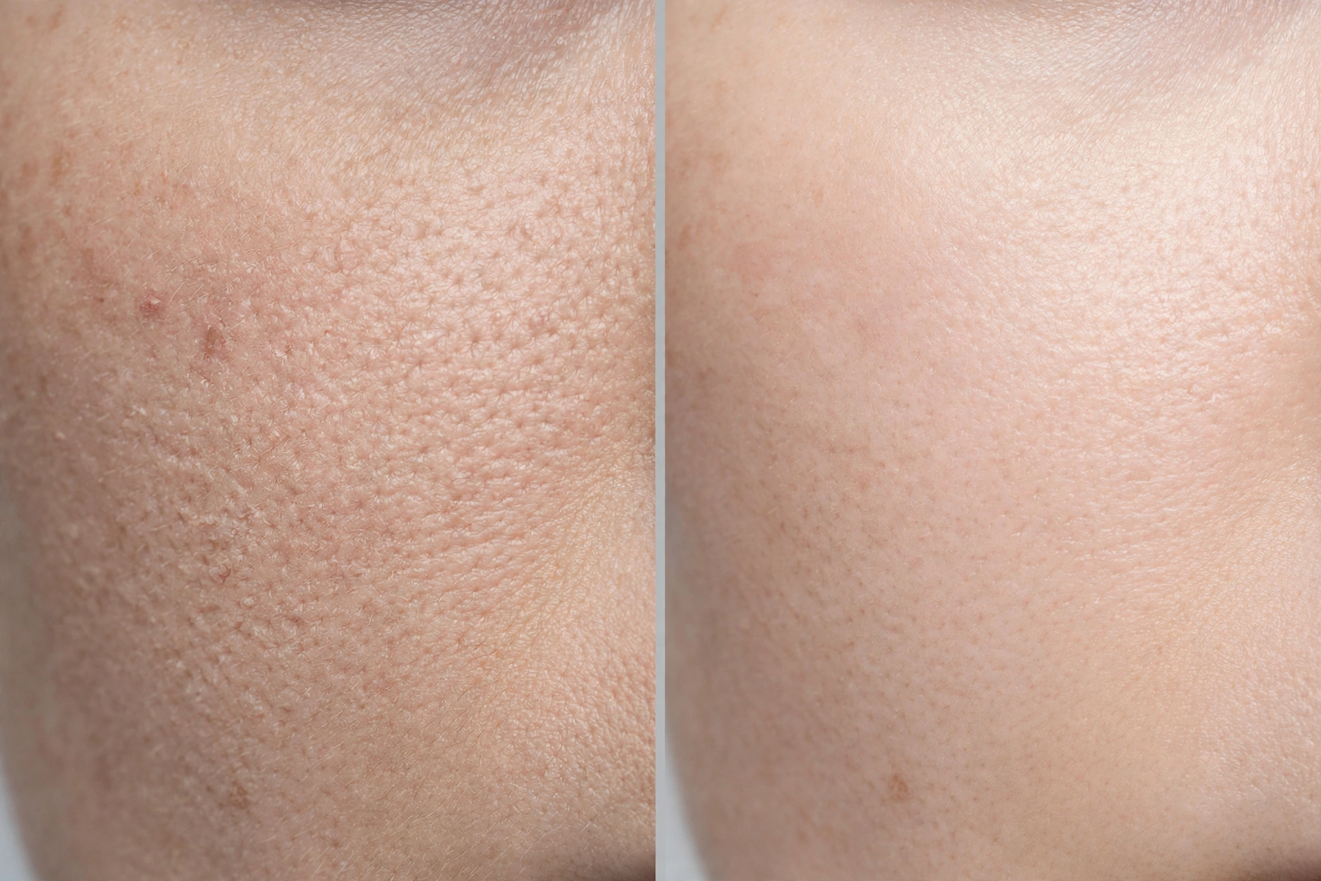 Anonymous before-and-after skin close-up diptych showing improved skin texture after a med spa treatment.