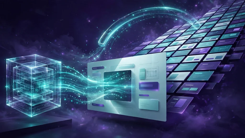 Glowing database cube radiating data streams into page templates multiplying into ranked web pages, illustrating programmatic SEO.