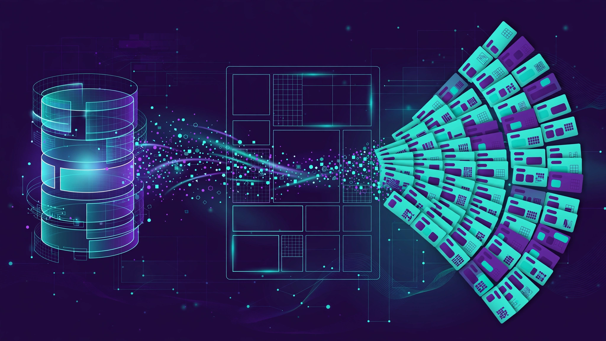 Illustration of a programmatic SEO workflow turning a structured database through a page template into hundreds of quality web pages.