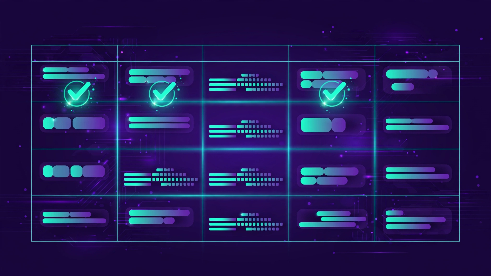 Abstract data grid with glowing quality checkmarks representing a structured dataset ready for programmatic SEO.