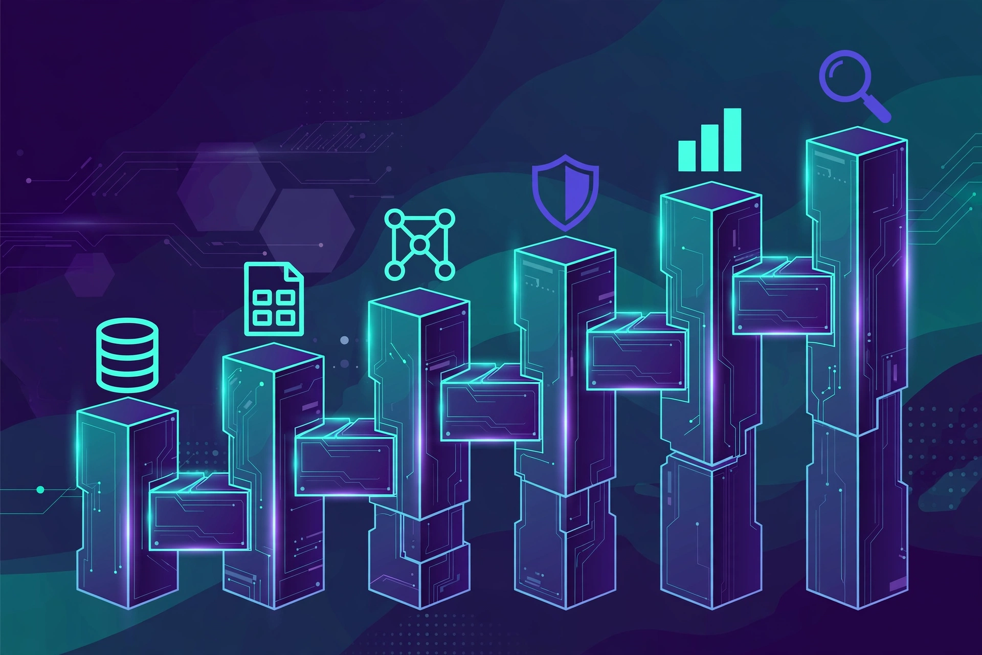 Six interlocking pillars ascending in an infographic representing the six execution pillars of programmatic SEO.