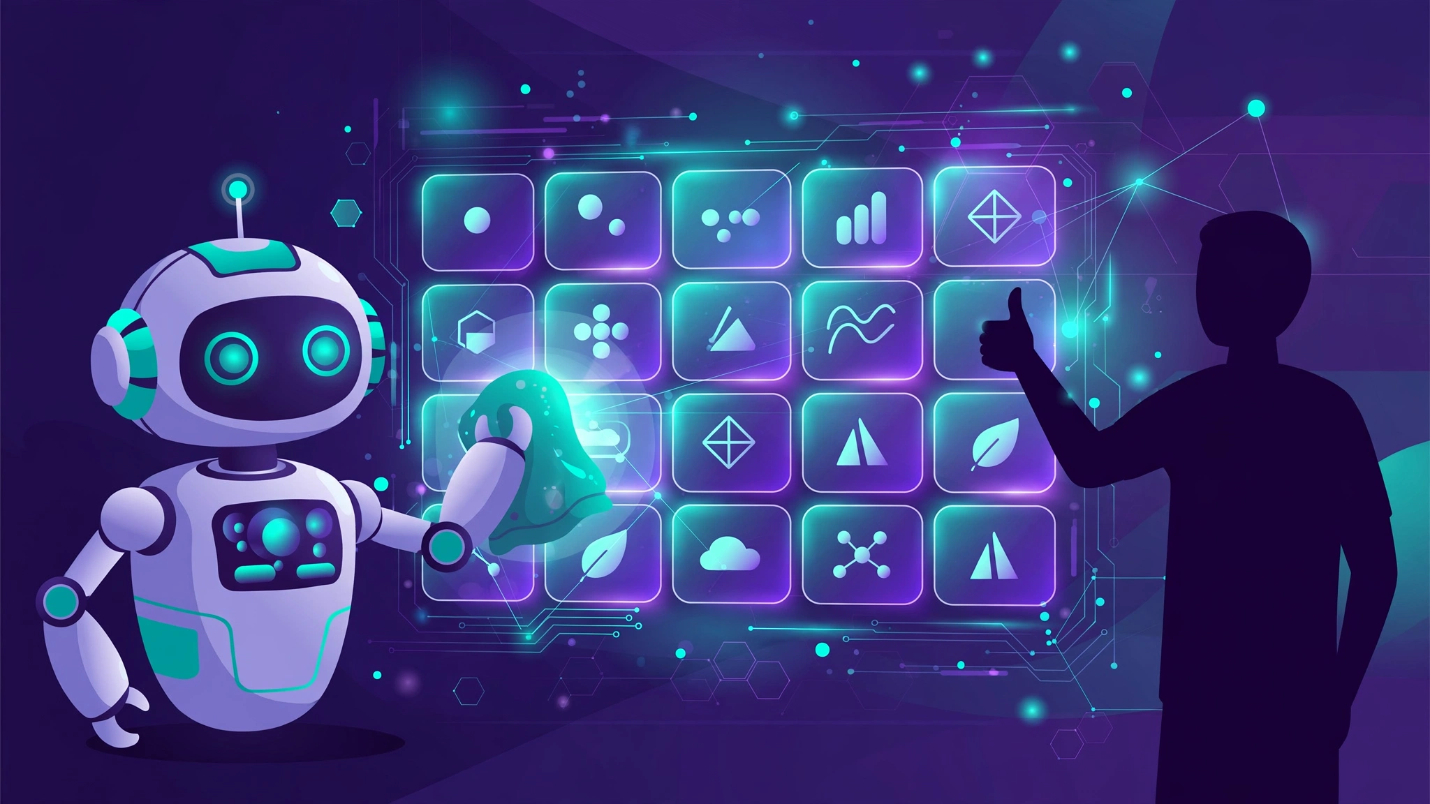 Robot assistant enriching a data table while a human reviewer oversees, illustrating human-in-the-loop AI enrichment for programmatic SEO.