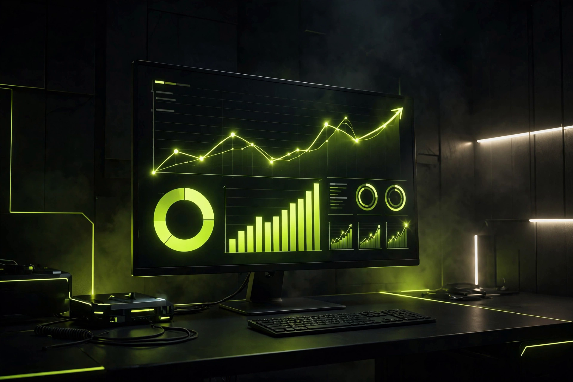 Analytics dashboard with rising charts and a magnifying glass highlighting an insight