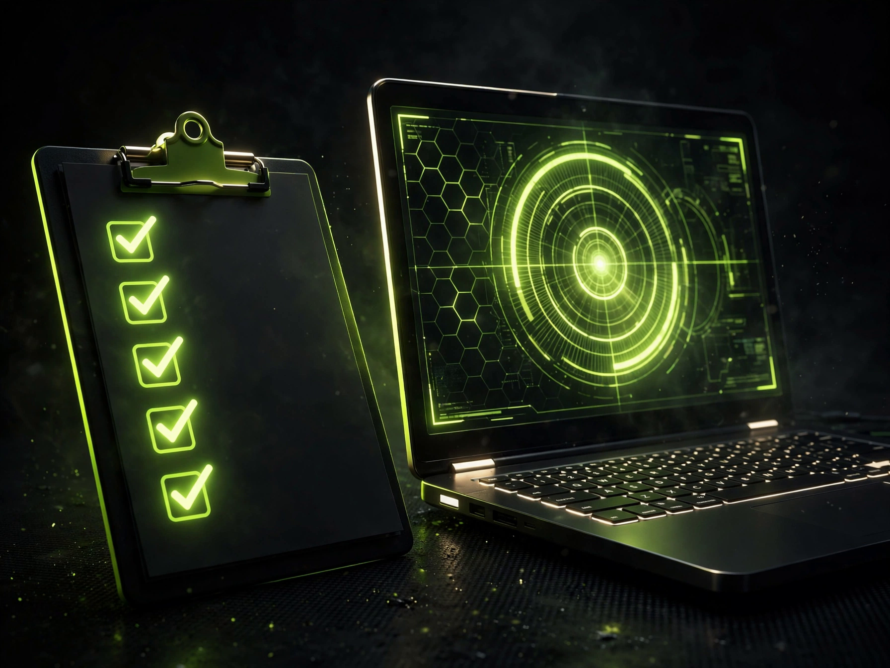 Clipboard checklist with checkmarks beside a laptop running a website scan