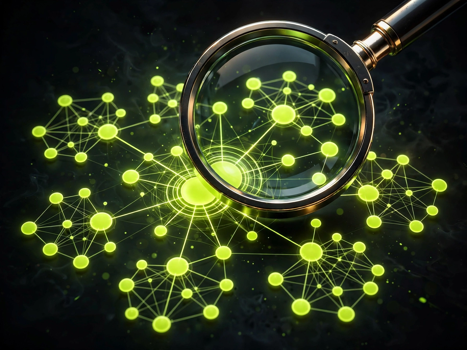 Magnifying glass over a keyword topic cluster mind map on a computer screen