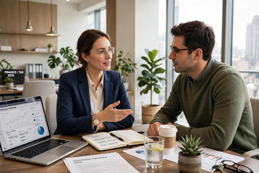 Financial advisor meeting a client in a bright modern office