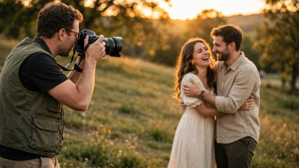 Photographer photographing a couple during a golden hour session