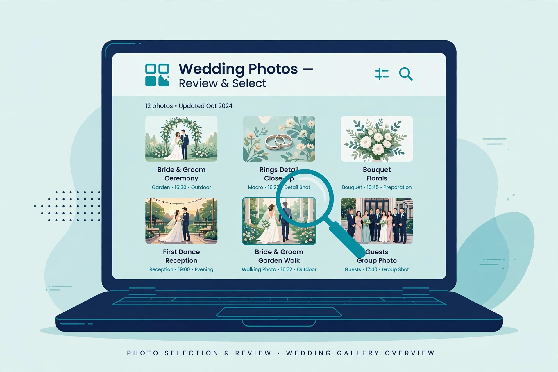 Illustration of a photo gallery on a laptop with descriptive captions