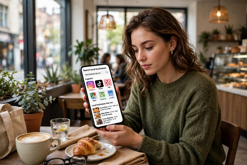 Customer searching for a local business on a smartphone in a cafe
