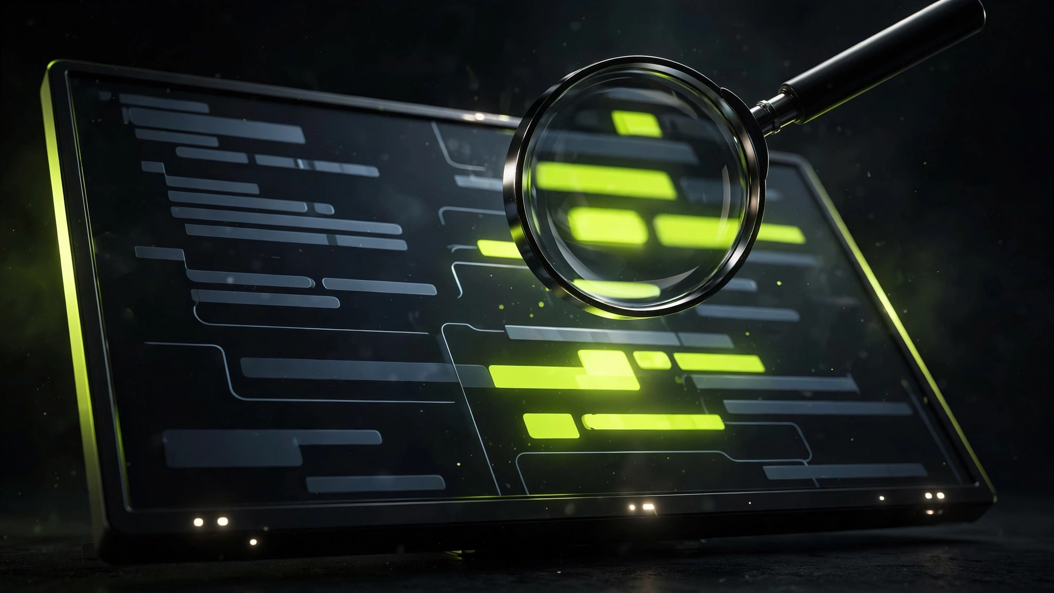 Close-up of website code on a monitor with a magnifying glass revealing technical SEO issues