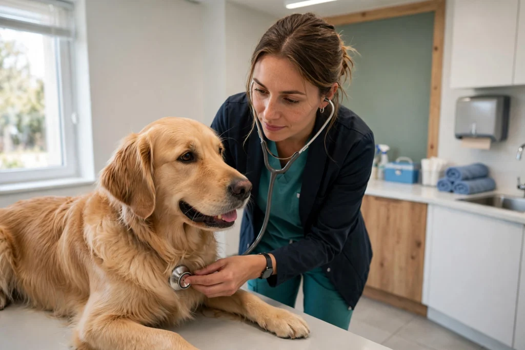 Veterinary SEO: veterinarian with a golden retriever at a vet clinic
