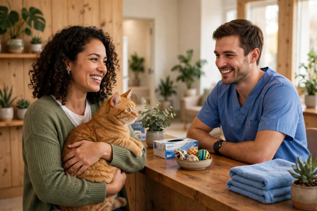 Veterinary SEO: happy pet owners with their dog and cat at a vet clinic