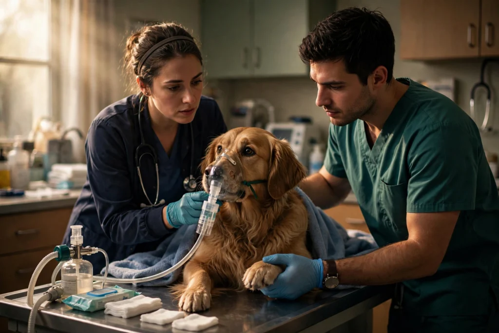 Veterinary SEO: veterinary team examining a dog on an exam table