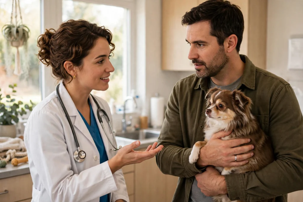 Veterinary SEO: veterinarian consulting with a pet owner and their dog